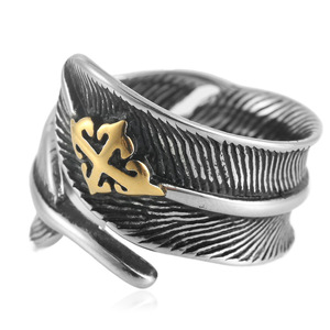 Men's <b>Titanium</b> Steel Feather <b>Ring</b> Two-tone Punk Style Stainless Steel Jewelry Gift 240203 - Product Image 3