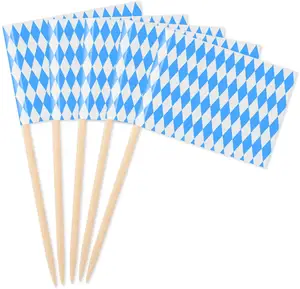 New Oktoberfest Picks Cupcake Topper Picks Bavarian Flag Toothpick Flags for Oktoberfest Theme Party Decorations, Blue and White