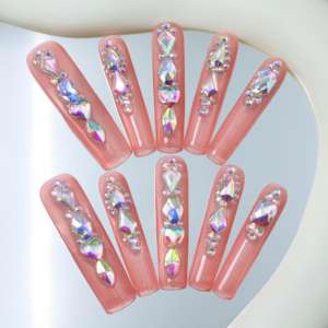 Wholesale high-end handmade acrylic <b>nail</b> art, square full-coverage false <b>nails</b>, solid pink color,rhinestone design,customizable - Product Image 1
