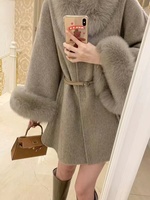 Manteau Double Face en Cachemire pour Femme avec Col en Fourrure de Renard Véritable Garniture en Fourrure de Laine de Poncho, Designer de Dubaï, Nouveau, 2025