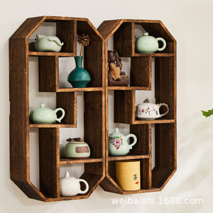 Estante de Exhibición de Madera Maciza para Montar en la Pared, Estilo Chino, Forma Irregular, con Múltiples Compartimentos, para Almacenamiento en Salas de Té - Product Image 1