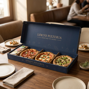 Caja de Regalo para <span class=keywords><strong>Pizza</strong></span> de 3 Compartimentos, Impresa Personalizada, de Cartón de Grado Alimenticio, para Llevar, con Vasos para Salsas - Product Image 2