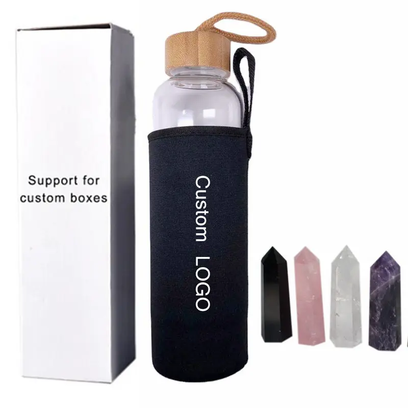 Hoge Kwaliteit Bamboe Crystal Elixir Flessen Borosilicaatglas Water Fles Crystal Stone Gemstone Doordrenkt Water Fles