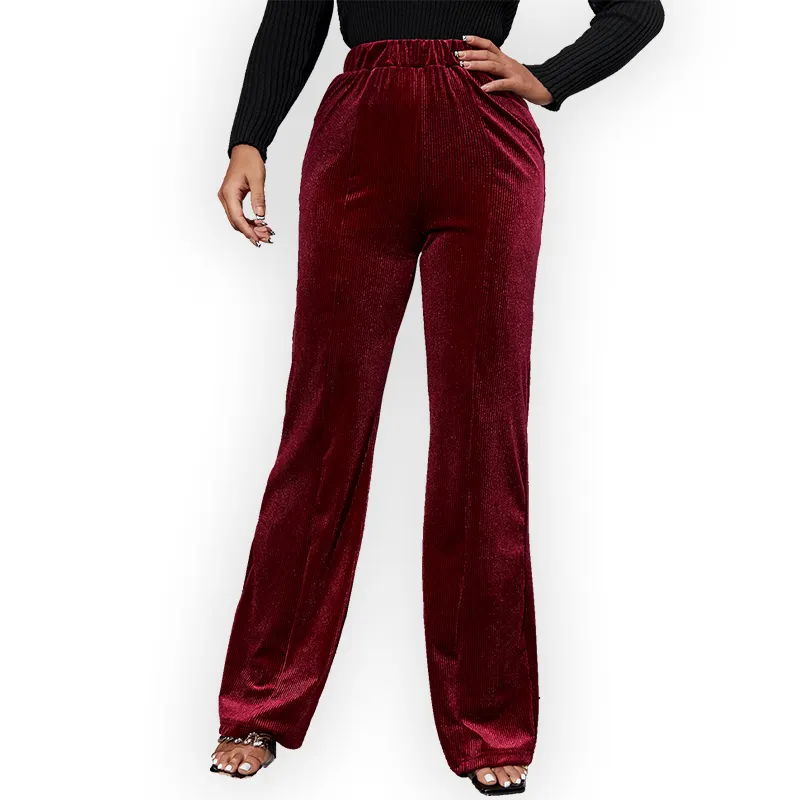 2022 New gold velvet wide leg pants women's autumn winter high waist straight wine red casual micro flared mopping pants