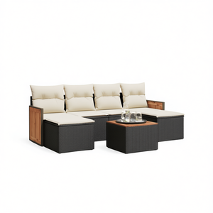 Conjunto de sofá de jardín de ratán blanco crema y negro, 4 plazas, muebles de exterior, diseño contemporáneo, resistente a la intemperie, estructura de madera de teca - Product Image 1