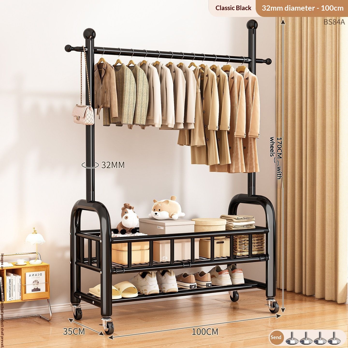clothes hanger-32-tube single bar-100 cm-black