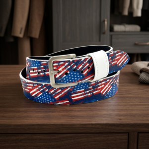 Ceinture de baseball décontractée avec motif drapeau américain, impression par transfert thermique, boucle rectangulaire argentée, design durable - Product Image 3