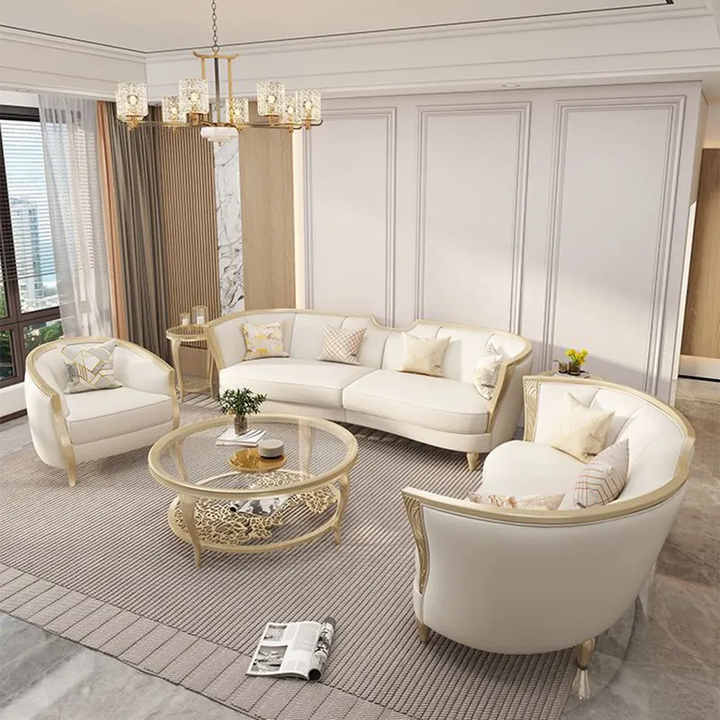 Sofá americano de madera maciza de lujo 123 combinación de sofás grandes de Villa sofá Seccional de sala de estar de viento crema