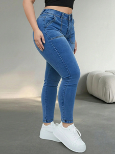 Jeans de mezclilla elásticos de cintura alta ajustados de talla grande para mujer, pantalones casuales de primavera con bolsillos con cremallera y botones, estilo urbano. - Product Image 3