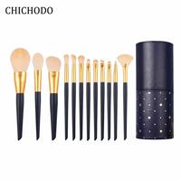 Pinceaux de maquillage personnalisés, logo de marque privée, poils synthétiques, tube en aluminium, manche en bois, ensemble de 12 pinceaux de maquillage de la série Blue Whale