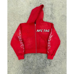 Sweat-shirt d'hiver pour homme avec étiquette NFC, capuche rouge et motif flamme blanche, fermeture éclair intégrale, streetwear, taille grande, coupe ample - Product Image 1
