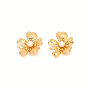 Pendientes de Moda con Diseño de Flor en Acero Inoxidable 316L Chapado en Oro con Centro de Perla para Mujer - Product Image 2