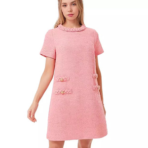 Elegante <span class=keywords><strong>abito</strong></span> in <span class=keywords><strong>Tweed</strong></span> aderente aderente con bottoni a girocollo a maniche corte da donna - Product Image 1