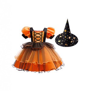 Girls <b>Princess</b> Halloween Costume Witch Dress Puff Sleeve <b>Pumpkin</b> Mesh Dress With Hat And Bag 5-7 Years - Product Image 2