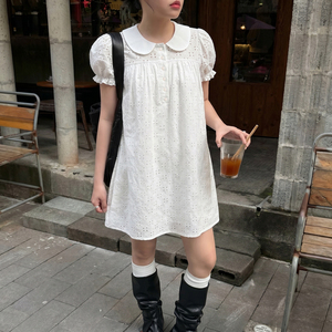 Robe Babydoll en Dentelle Couleur Unie à Taille Naturelle pour Fille, Tissu Texturé, Col Rabattu, Coupe Évasée, Mini, Manches Courtes, Respirante - Product Image 2