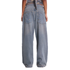 All'ingrosso 100% cotone pesante Denim oversize Skate Fit da <span class=keywords><strong>uomo</strong></span> a <span class=keywords><strong>vita</strong></span> <span class=keywords><strong>bassa</strong></span> grigio blu lavaggio chiodato colosso <span class=keywords><strong>Jeans</strong></span> - Product Image 3