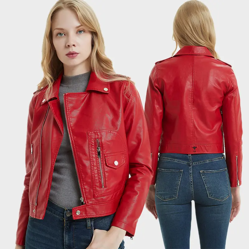 Red Motorcycle Girls Jacket Zipper Design Custom Pu Lapel Leather Jackets For Women