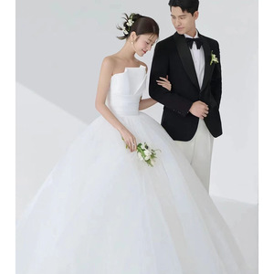 Strapless A-Line White Tulle Wedding Dress Natural Waist Simple Folds Petite Bride Travel Photoshoot Dress - Product Image 2