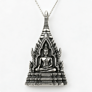 Colgante de Buda de Aleación de Zinc Plateado con Diseño de Templo para Oración, Temática Budista, Artesanía Fundida - Product Image 5