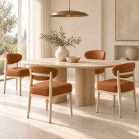 Chaise de salle à manger rembourrée sans accoudoirs avec dossier incurvé ouvert, pieds en bois massif, assise aspect cuir cognac, pour la maison ou le café