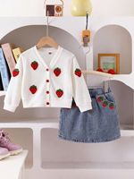 Ensemble pour fillette : Cardigan blanc à motif fraises + Jupe en jean, 2 pièces, Collection Automne 2026