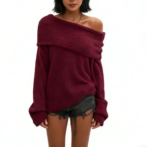 Pull en maille côtelée à épaules dénudées pour femme - Haut en maille décontracté surdimensionné tendance - Product Image 3