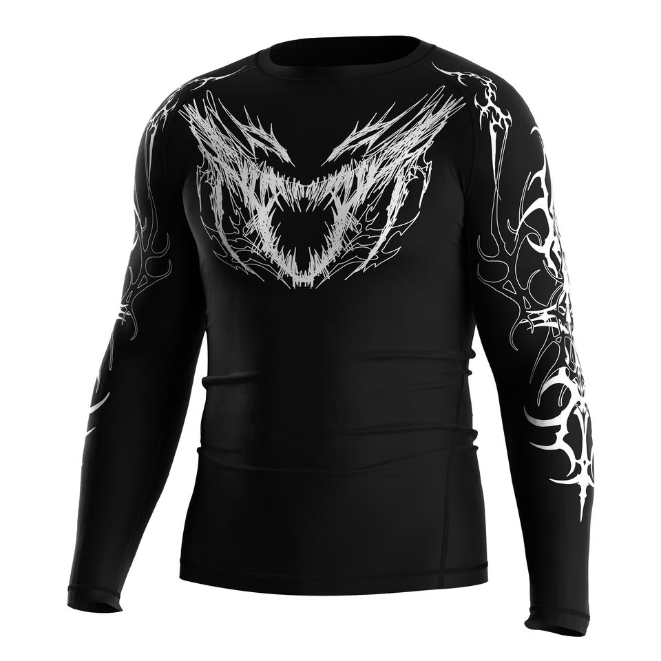 Metalcore Quick-dry Four-way Stretch Upf50+ Performance Rash Guard With Heavy-metal Typography