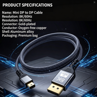 Câble vidéo Mini DP vers DP 8K UHD en nylon avec coque en alliage d'aluminium plaqué or pour PC, ordinateur portable, moniteur de jeu