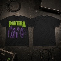 T-shirt en jersey graphique vintage noir long, 100 % coton, 300 grammes, imprimé Pantera, lettres vert citron, membres du groupe, streetwear