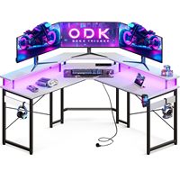 Table de jeu moderne en forme de L avec chaises et étagère, bureau d'ordinateur à domicile, bureau de jeu LED avec 2 prises – Offre spéciale