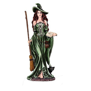 Statuetta in Resina/Fantasy Figure da 27,3 cm, <span class=keywords><strong>Strega</strong></span> in Verde con Scopa, Decorazione di Halloween, Figurina con Gatto Nero - Product Image 1