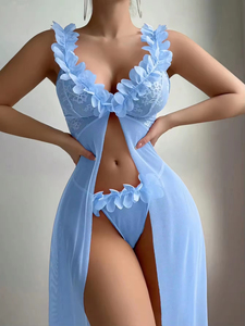 Robe de nuit princesse rose en dentelle florale résille, nuisette longue maxi une pièce, décolleté en V, ouverte sur le devant, lingerie sexy pour femme - Product Image 6