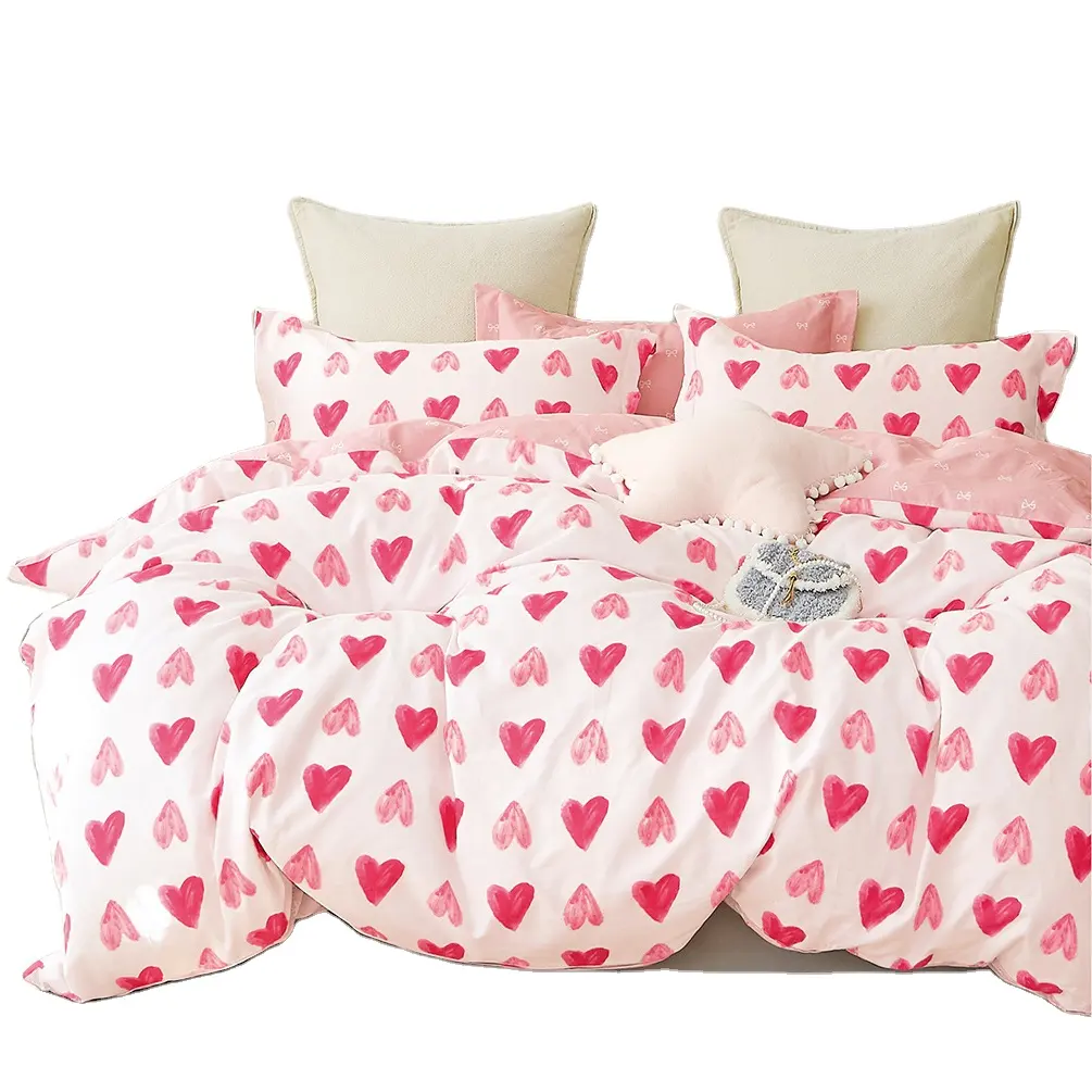 Hot Sale Kinder Baumwolle Satin Satin Rosa schönes Herz Drucken Teenager-Mädchen Design Bettwäsche-Set 3pc Quilt cover Bettlaken-Set