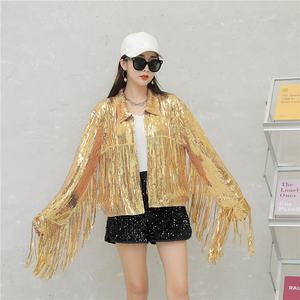 سترة مطرزة بالترتر ، موضوع ديسكو ، موضوع دوللي ، اتجاهات عرائس ، زي راعية البقر اللامع ، موضوع لامع ، معطف نسائي بشراشيب طويل - Product Image 2