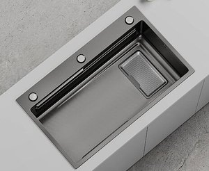 Évier de cuisine en acier inoxydable nano noir avec robinet cascade, évier multifonctionnel à double niveau avec planche à découper et rince-verre - Product Image 3