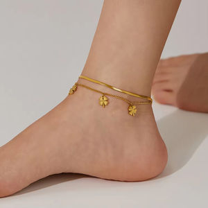 फैशन ज्वेलरी डबल-लेयर स्टेनलेस स्टील चार-पत्ती लटकी हुई महिला के सोने की प्लेटेड टखट - Product Image 5