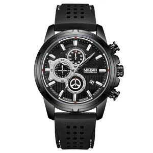 Montre Homme Megir 2101防水硅胶运动手表男士手腕奢侈品牌黑色计时手表