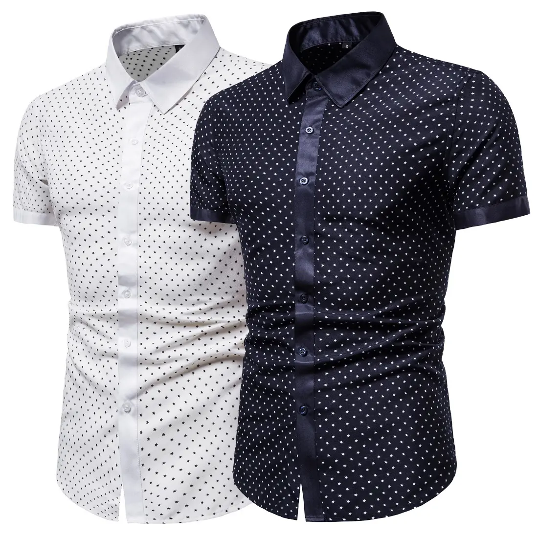 Summer plus size short-sleeved shirt Fashion Polka Dot Lapel Youth Cardigan Five-pointed star print men's slim shirt