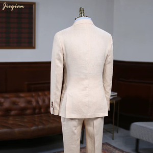 Costume 3 pièces sur mesure <span class=keywords><strong>de</strong></span> luxe beige en mélange <span class=keywords><strong>de</strong></span> laine australienne coupe ajustée pour homme, idéal pour mariages et affaires haut <span class=keywords><strong>de</strong></span> gamme - Product Image 4