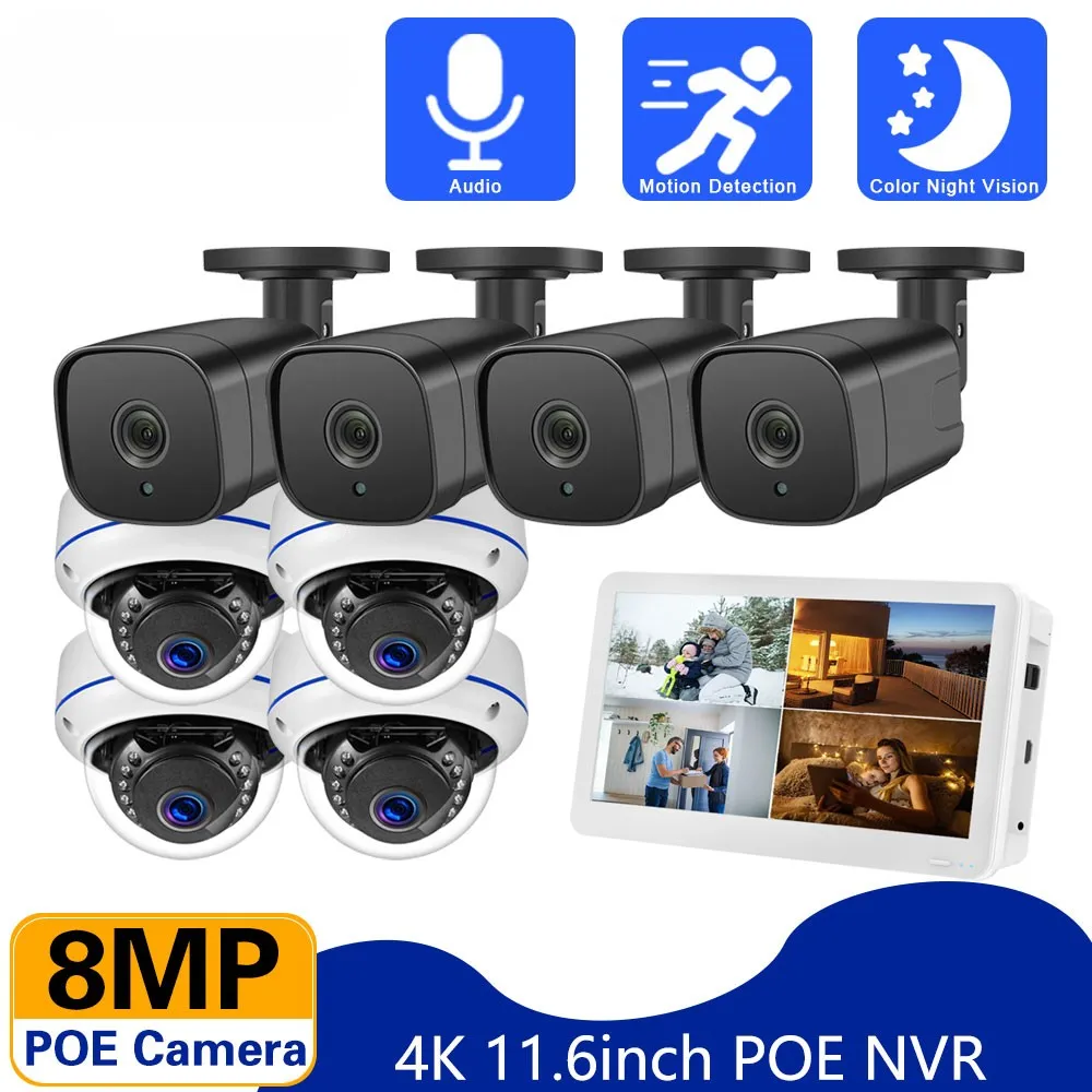 Ultra 4k Poe Security Camera System With 11.6 Inch Lcd Screen Nvr Outdoor Waterproof 8ch Cctv Ip Camera Video Surveillance Kit