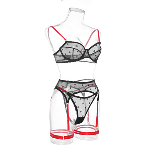 New High Quality Contrast Color Transparent Mesh Lingerie <b>Set</b> <b>Sexy</b> Polka Dot Three Piece Bra Brief <b>Set</b> - Product Image 5