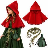 Ensemble de costumes de fée médiévale pour filles, cape à capuche de petit chaperon rouge, robe longue verte, ceinture tressée en feuilles, pochette en cuir