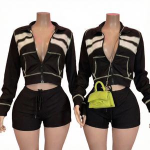 Conjunto de 2 Piezas Negro para Mujer, Chaqueta Corta y Pantalones Cortos con Cordón, Atuendo Casual, Conjunto de 2 Piezas - Product Image 1