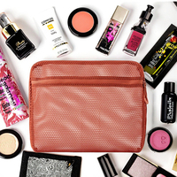 Pochette cosmétique rouge en maille avec fermeture éclair, poche avant, organiseur de maquillage portable, pochette de rangement pour articles de toilette de voyage