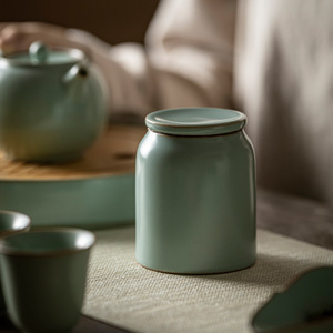 Tianqing Ru Kiln Ceramic <b>Tea</b> Caddy Cylinder Airtight Storage Jar For Kung Fu <b>Tea</b> <b>Set</b> Household Use - Product Image 1