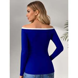 Winter Casual Knitted off Shoulder Sweater Royal <b>Blue</b> <b>Long</b> <b>Sleeve</b> Women's <b>Top</b> - Product Image 4