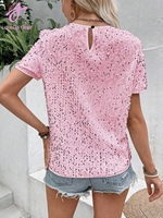 Loveda Precio al por Mayor Ropa de Mujer Color Sólido Sexy Estilo Picante Casual Camiseta de Lentejuelas de Manga Corta Holgada