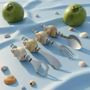 ชุดช้อนส้อมสแตนเลสพร้อมด้ามจับรูปเปลือกหอย ดีไซน์สร้างสรรค์ สำหรับรับประทานอาหาร ใช้ในโรงแรม ประกอบด้วยส้อม ช้อน มีดเนย ที่เปิดขวด - Product Image 1