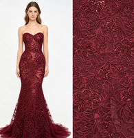 Tissu en dentelle perlée bordeaux avec fleurs 3D et sequins, tulle brodé lourd pour robe de soirée, robe africaine Aso Ebi