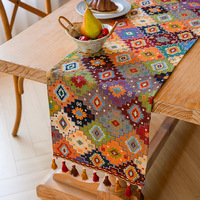 Chemin de table vintage bohème géométrique en jacquard coton et lin avec pompons, lavage à la main uniquement, 33x120cm
